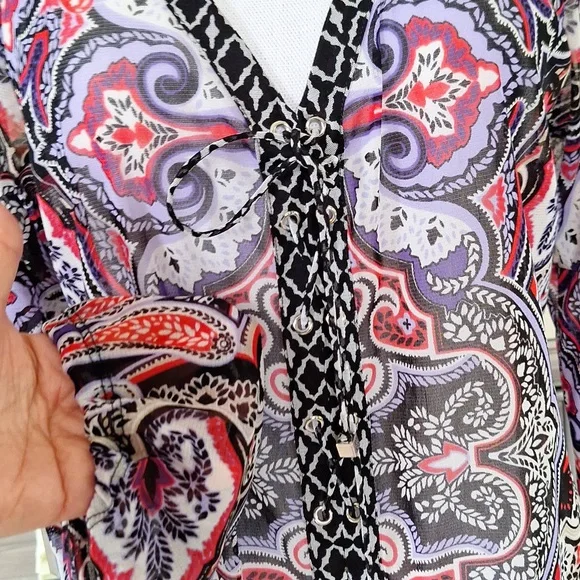 INC Sheer Lace Up Purple Paisley V Neck Top Large - Picture 2 of 5
